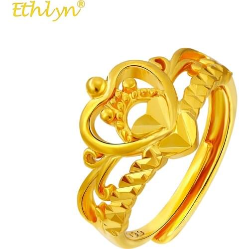 Ethlyn Crown Wedding Ring Gold Color Eretrian Free Size Rings for Women African Dubai Arab Bride Jewelry Gift MY228