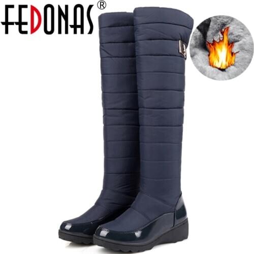 FEDONAS Fashion Women Winter Snow Boots Warm Fur Wedges High Heels Boots Sexy Tight High Long Shoes Woman Platforms High Boots