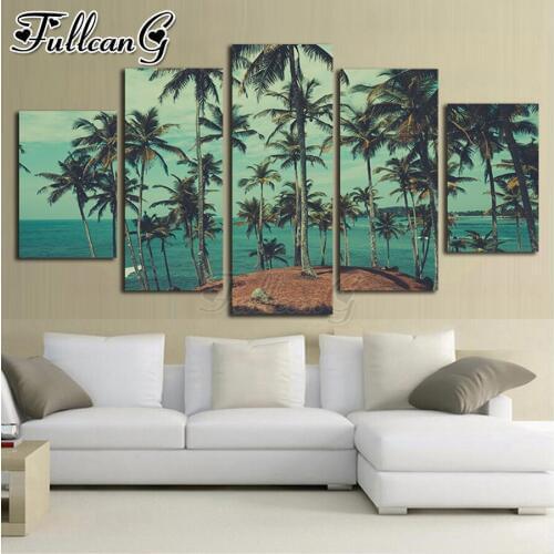 FULLCANG diamond mosaic Coconut tree by the sea 5 piece diy diamond painting full square/round rhinestone embroidery kit FC1975