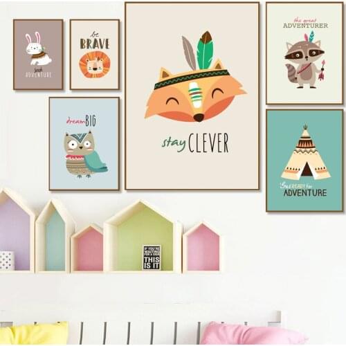 Rabbit Lion Fox Owl Raccoon Feather Tent Wall Art Canvas Painting Nordic Posters And Prints Wall Pictures Baby Kids Room Decor