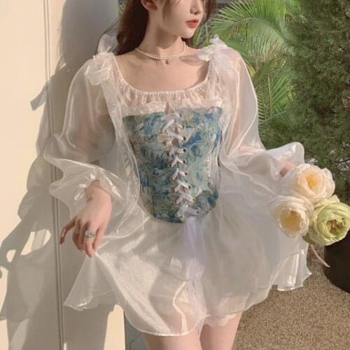 Summer Beach Sexy Floral With Corset Women Boho Vintage Elegant Party Strap Crop Tops Bandage Lace Y2k Korean Bustiers Crop 2021