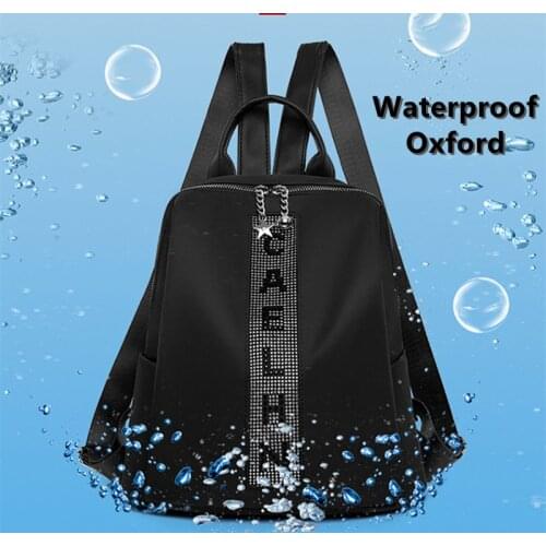 Fashion Womens Backpack Waterproof Oxford Cloth School Bag Rhinestone Letter Rivets Simple Solid Color Light And Large Capacity