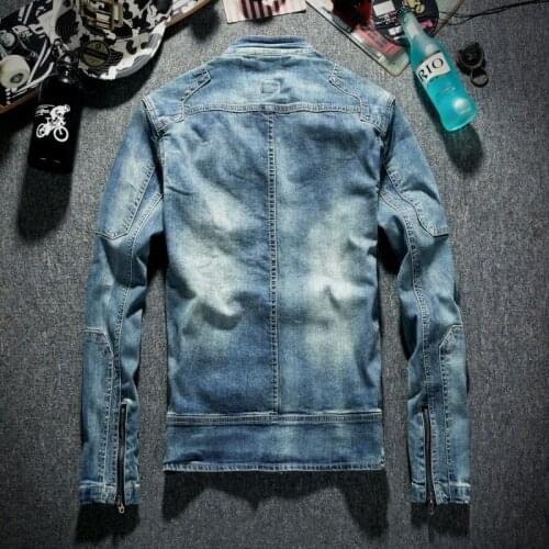 Vintage Motorcycle Stand Collar Zippers Mens Denim Jackets Korean Slim Fit Fashion Casual Streetwear Plus Size Outerwear Coats