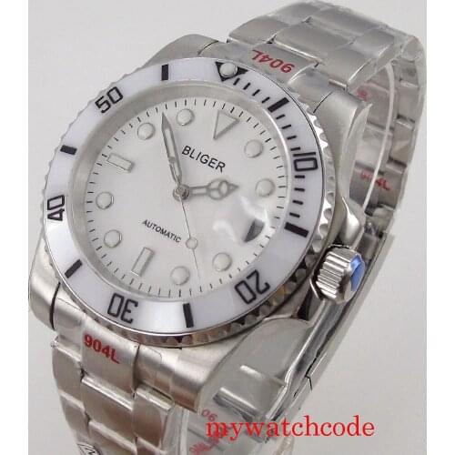 NH35 MIYOTA 8215 Movement Bliger 40mm White Dial Sapphire Glass Luminous Date Oyster Bracelet Ceramic Bezel