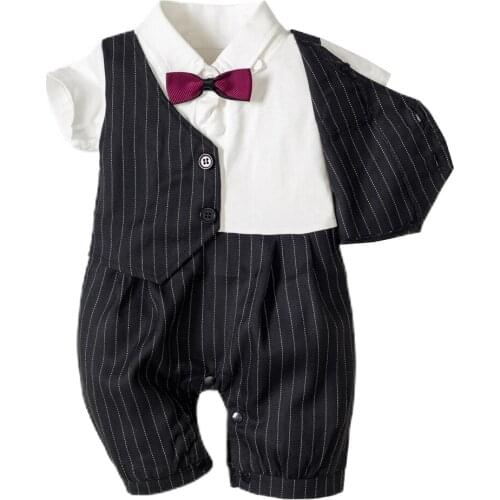 Newborn Boys Clothing Summer Formal Short Sleeve Rompers Bow Jumpsuit Black Striped Wedding One Piece Suit