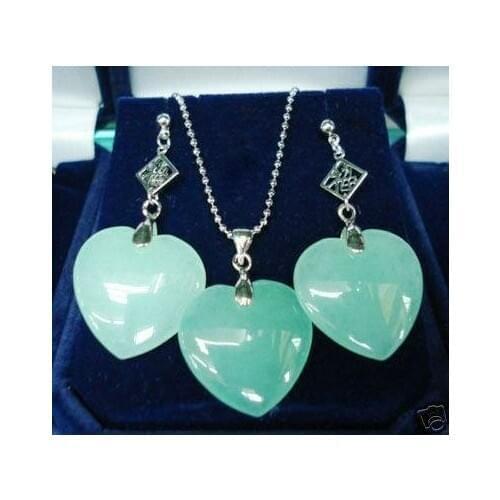 Wholesale beautiful silver plated heart shape green Natural jade earring and pendant jewelry set