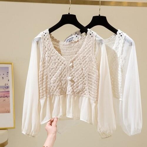 Sexy fashion women loose tailoring knit patchwork pullover blouse summer new style women vintage long-sleeved shirt women V-neck