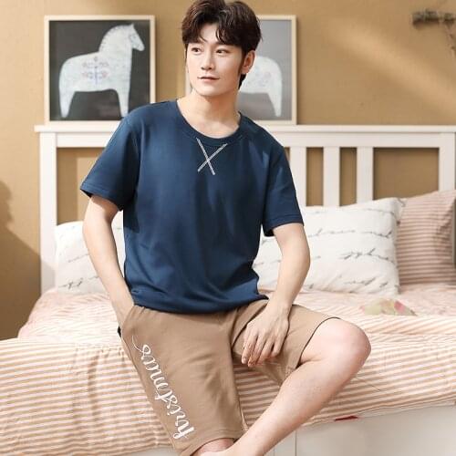 Summer Full Pure Cotton Pyjamas Male Casual Pajamas Short Sleeve Shorts For Men O-Neck Pajama Sets Comfortable Cool Sleepwear