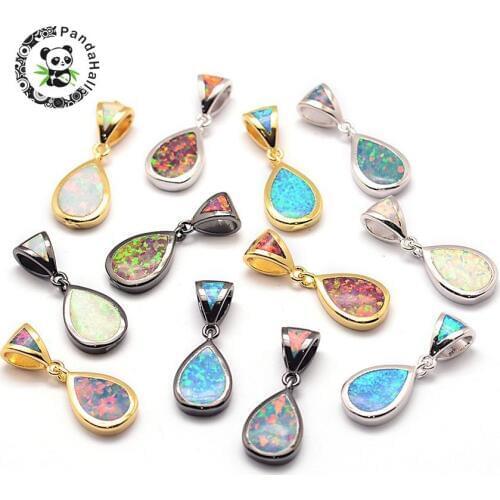Pandahall 10pcs/lot 15.5x9x2.5mm Brass Random Mixed Color Drop-Shaped Pendants Charms with Synthetic Opal Hole: 3mm