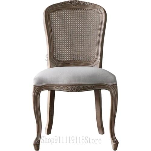 Custom European Style Antique Solid Wood Carving Dining Chair Rattan Net Back Leather Cotton Hemp Soft Bag Cushion Designer Anti