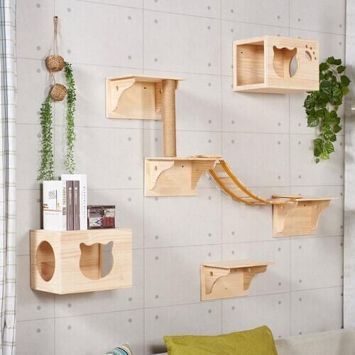 Cat Climbing Frame Solid Wood Wall Jumping Platform Wall Hanging Cats Nest Cat Grabbing Column Four Seasons Wooden Cat Wall Cat