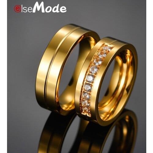 ELSEMODE Romantic 6MM Titanium Stainless Steel Couple Ring Lover Cubic Zircon Gold Color Wedding Rings For Women Men Size 6-12