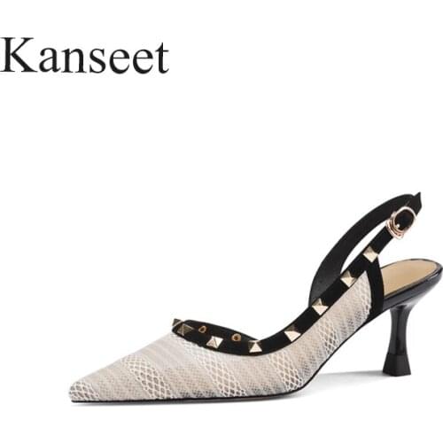 Kanseet New Fashion Rivets Decoration Net Yarn Women Sandals Sexy Pointed Toe 2021 Summer High Heels Shoes Female Sandal Size 40