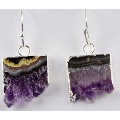 BOROSA Silver Color Natural Amethysts Slice Drop Earring Fashion Raw Purple Crystal Druzy Dangle Earrings for Women WX1355