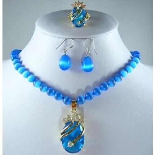 Charm blue jades/opal necklace blue zircon pendant earring ring