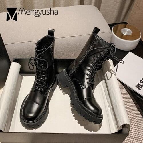Chic Black lace up motorcycle boots women platform shoes british chunky high heels riding boots short thicken soled botas mujer