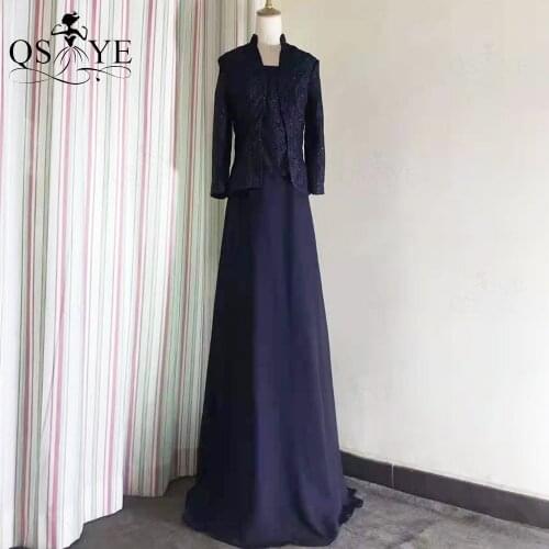 Navy Lace Mother of the Bride Dress Jacket/Shawl Mother Evening Dress Long Sleeves Chiffon Appliques Bolero Mom Prom Dress