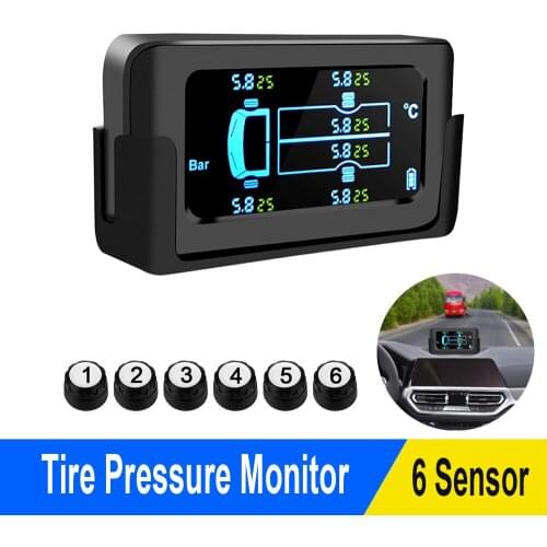 Solar Smart Car TPMS Digital LCD Display Tire Pressure Monitoring System Auto Security Alarm 800mAh Battery with 6 Sensors