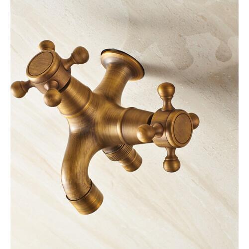 Sugan Life Copper-style retro Washing Machine Faucet Sink Basin Water Tap Double Spout Double Handle Water Faucet Tool