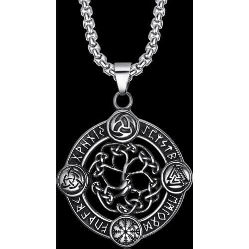 Vikings Jewelry Stainless Steel Talisman Amulet Tree of Life Round Disc Pendant Necklace Free Chains