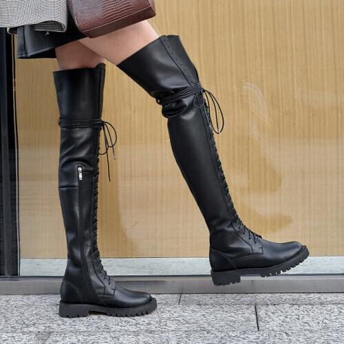 Women Chunky Heel Lace Up Over The Knee High Knight Boots Rock Combat Shoes