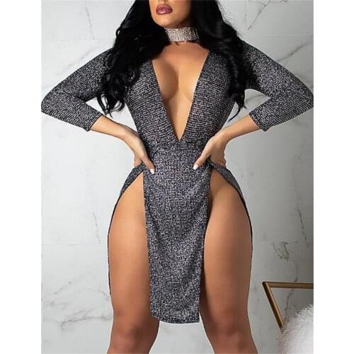 Women Sparkly V Neck Long Sleeve Bandage Bodycon Mini Dress Party Clubwear sexy women Sequined elegant fashion party dresses
