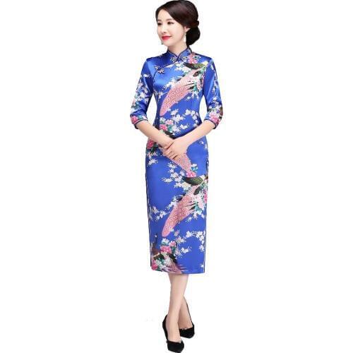 Shanghai Story 3/4 Sleeve Peacock Qipao Long Cheongsam Dress peacock Chinese Traditional Dresses for Women 8 Color
