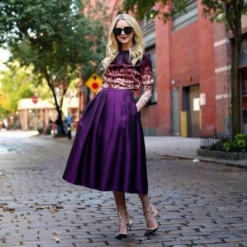 2016 Autumn Fashion Purple Satin Skirt with Invisible Side Pocket Tea Length Pleated Long A-line Maxi High Waist Women Skirt