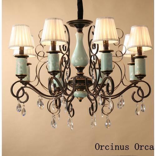 American luxury blue ceramic chandelier living room dining room bedroom European retro creative LED Crystal Chandelier