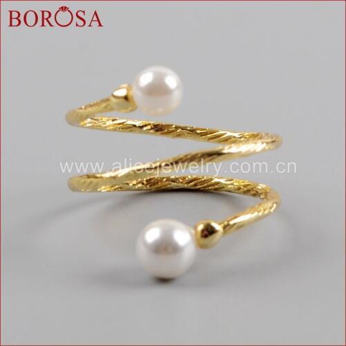 BOROSA 10/15PCS Natural Freshwater Pearl Triple-layer Wire Wrap Rings Gold Color Gems Stone Adjustable Ring Jewelry WX1024