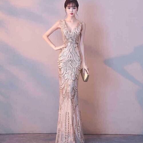 Dress Long 2020 New Style Bridesmaid Dress Sleeveless Sexy Sequin Dress Slim Fit Slimming Catwalk Evening Gown Mermaid Dress