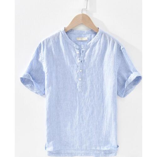 Mens Pullover Solid 100% Linen Half Sleeve Shirt Men Casual Summer Breathable Flax Shirt Men Camisas Para Hombre TS-625