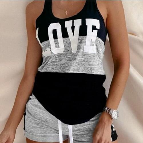 Home Women Summer Pajamas Casual Loose Patchwork Two Piece Set Letter Print Sleeveless Garment Top And Short Suit Large Size 2XL