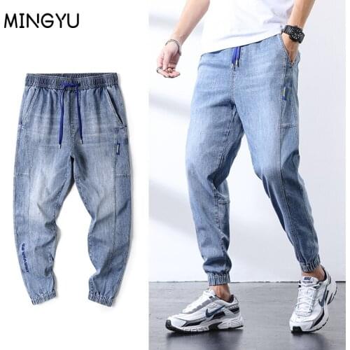 2021 New Mens Cargo Jeans Fashion Clothes Cotton Harem Jeans Streetwear Harajuku Pants Joggers Elastic Waist Jeans Male 28-38