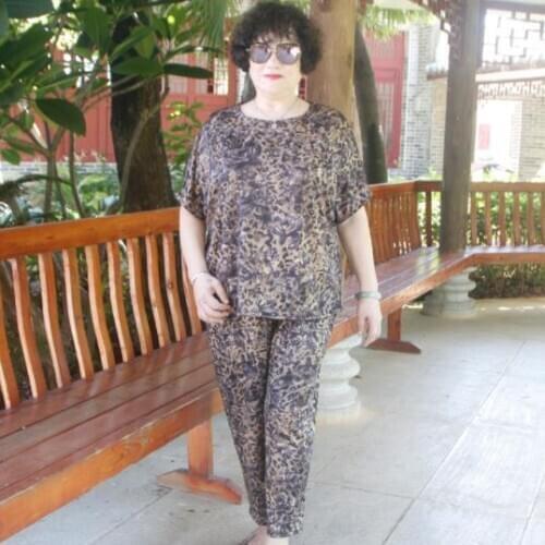 Plus Size Summer Leopard Print 2 Piece Sets Women Plus Size Short Sleeve Tops And Pants Suits Office Elegant Womens Sets DJ554