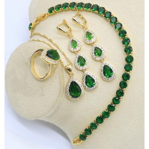 Water Drop Green Stones Gold Color Jewelry Set for Women with Bracelet Long Earrings Necklace Pendant Ring Birthday Gift