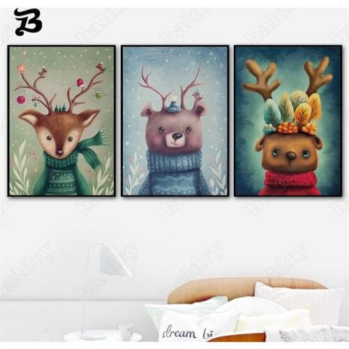 Canvas Painting Cute Colorful Bear Animals Elk Sloth Sika Deer Wall Art Nordic Posters Prints Wall Pictures for Kids Room Decor