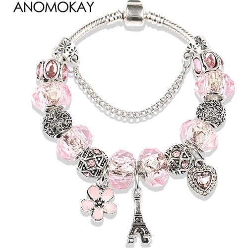 2019 Hot Silver Color Eiffel Tower Heart Flower Pendants Charm Bracelet & Bangle Diy Pink Crystal Bead Women Bracelet