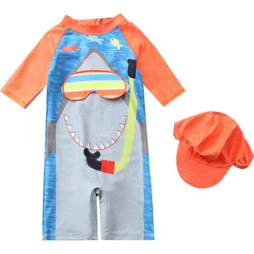 Boys One-Piece Shark SwimsuitMiddle and Small Childrens Baby Beach Sunscreen Clothing With Hat XYY-4