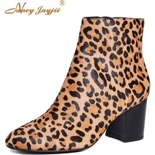 2021 Winter Ankle Boots Leopard Print Lady Shoes Dress Party Fashion Zipper Block Chunky Heels Fur Famous Brand Plus Size 42 41
