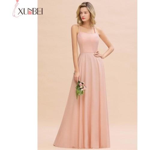 Bridesmaid Dresses Pink A-Line Long Backless Dress Sexy Spaghetti Straps Dress For Women Wedding Party vestidos fiesta boda