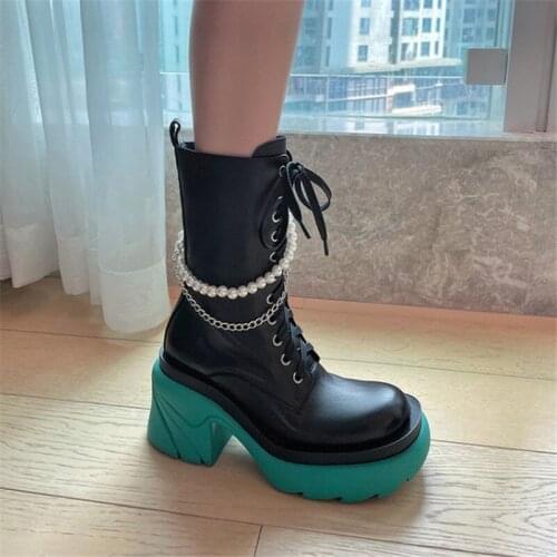PXELENA Designer Cool Street Punk Rock Gothic Combat Martin Boots Women Genuine Leather Metal Chain String Beads Cosplay Shoes