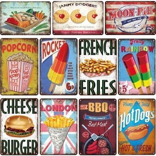 Retro Plaque Tin Sign Food POPCORN BBQ Hot Dogs Vintage Art Poster Cafe Kitchen Bar Pub Signboard Sweet Home Wall Decor