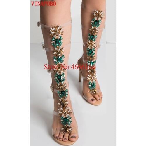 Luxury Crystal Buckle Strap Sandals Fashion Women Rhinestone Knee High Boots Gladiator Sandals PVC Clear High Heels Party Shoes
