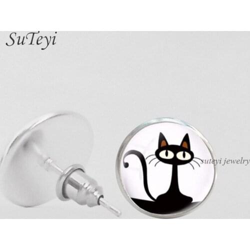 SUTEYI Cartoon Black Cat Picture Glass Earrings Kawaii Animal Stud Earrings For Women Girls Kids Jewelry Birthday Gift