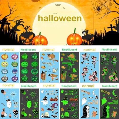 Luminous Halloween tattoo sticker Childrens strange behavior Pumpkin bat cat ghost pattern glitter temporary kids tattoo RA037