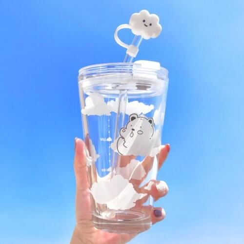 Cute Cloud Bear Printed Glass Water Cup Heat-resistant Coffee Mug With Straw&Lid Sealed Travel Mug Juice Cup With Scale 480ml