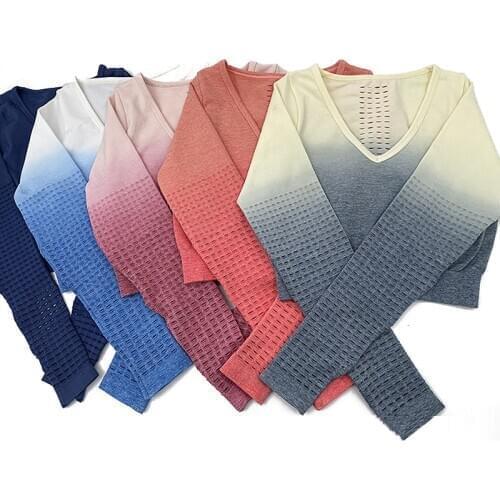 Cut Out Mesh gym Top Women Crop Top Long Sleeve Gradient hot Seamless Sport Shirt For Ladies Running Workout Yoga Tops Tshirt