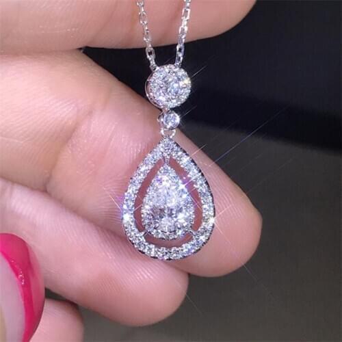 Stunning Luxury Jewelry 925 Sterling Silver&Rose Gold Fill Pear CZ Drop Water Zircon Women Pendant Party Chain Necklace Gift