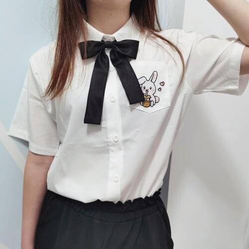 Women Blouses Shirt 2021 Summer White Printing Rabbit Lapel Short Sleeve With Tie Bow Korean JK Uniform Female Shirts Blusas